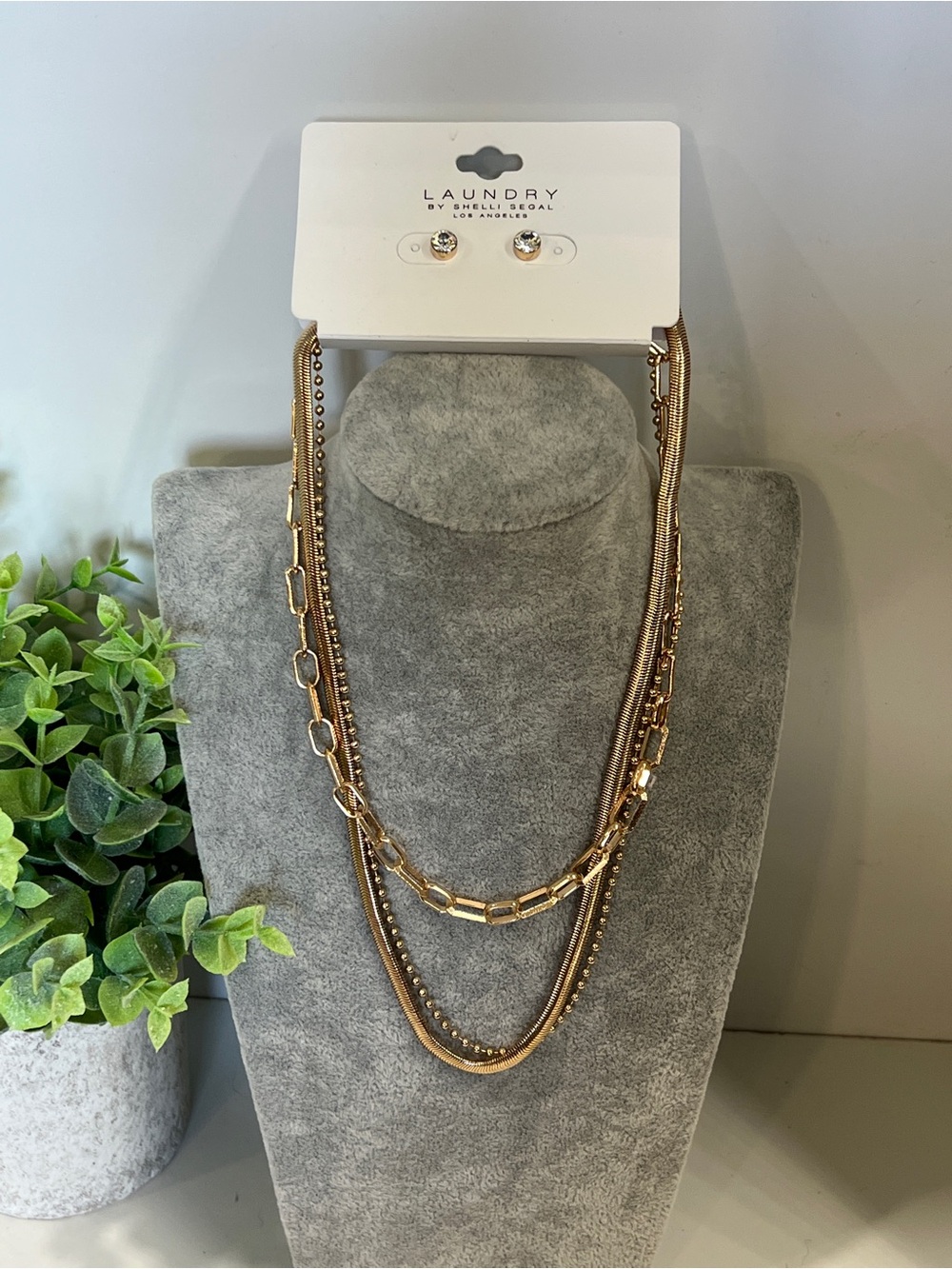 Laundry By Shelli Segal Gold Multi-Layer Chain Necklace with Stud Earrings